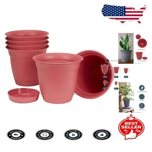 Set of 6 - 8 Inch Rose Round Planters with Saucer, UV Resistant & Modern Design - Picture 1 of 8
