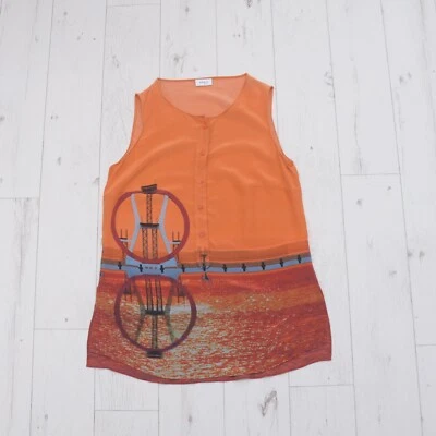 Blusa Top Akris Punto Tabla de Buceo Naranja Puesta de Sol 100% Seda Foto 1 de 4