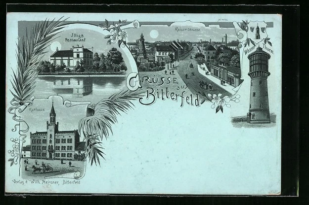 Mondschein-Lithographie Bitterfeld, Restaurant Illig, Rathaus, Wasser-Turm  - Bild 1 von 2