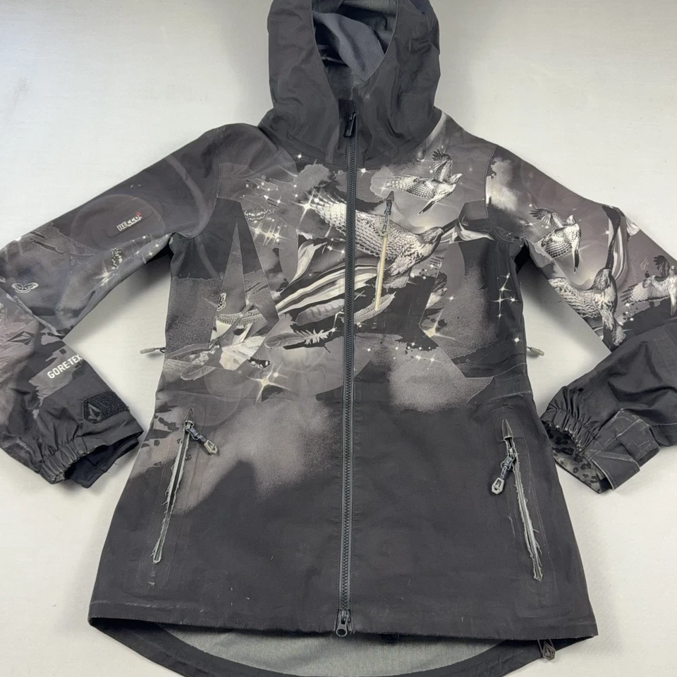 Volcom Shot 3L  Jacket Womens M Black Gray Goretex RECCO All Over Print Ski Coat - Image 1 of 4