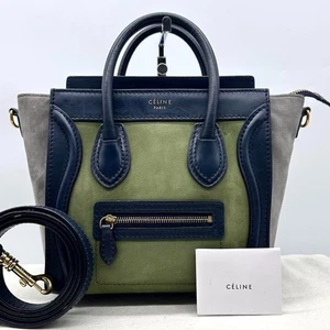 CELINE Handbag 2way Luggage Nano Shopper Shoulder bag Leather Navy Green Gray - Picture 1 of 13