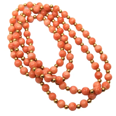 Colar vintage de contas de ouro amarelo 14k e contas de coral rosa genuínas de 5 mm 30" - Imagem 1 de 4