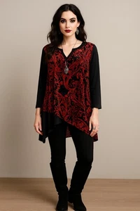 BonWorth Red Black Burnout Velvet Paisley Tunic Top L Boho Goth Fairygrunge - Picture 1 of 11