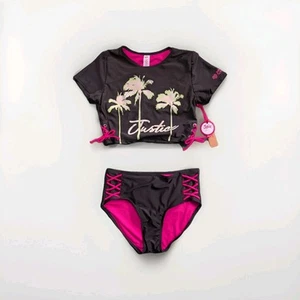 Justice Girls Swimsuit Rash Guard Black Size 16/18 XL Lace Up 2 Piece Set - Picture 1 of 4