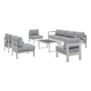 Modway Shore 7-Piece Aluminum Fabric Patio Sectional Sofa Set in Silver/Gray - Picture 1 of 7