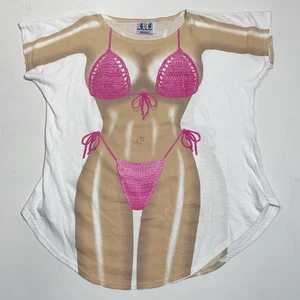 Vtg My Bikini Shirt Womens One Size White Pink Crochet Beach Pool Cover Up - Picture 1 of 13