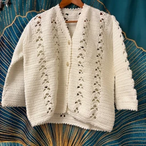 Hand Crochet Open Knit Cardigan Women’s Med Large White Sweater Grandma - Picture 1 of 11