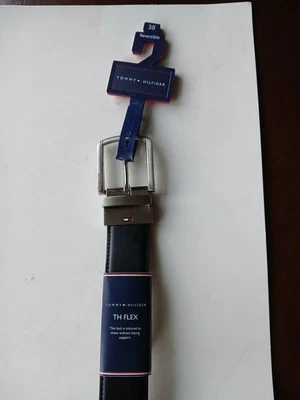 Tommy Hilfiger 男式黑色棕色双面 TH 硬度礼服腰带 11TL02X186 尺码 38 — 第 1/4 张图片