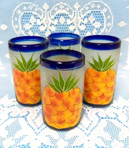 VTG Mexican HAND BLOWN GLASSES Set Of 4 COBALT BLUE Rim HAND PAINTED Frosted - Picture 1 of 12