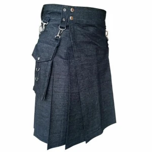 Black Detachable Pocket Denim Utility Kilt - Picture 1 of 4