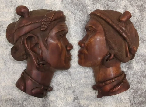 Vintage Handcarved Wood Tribal Ethnic Side Face Profile MCM Wall Hangings - Pair Cover