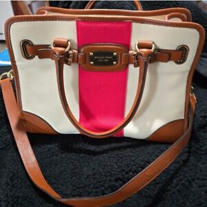 Michael Kors Hamilton Ivory Canvas Leather Trim Pink Stripe Shoulder  Bag