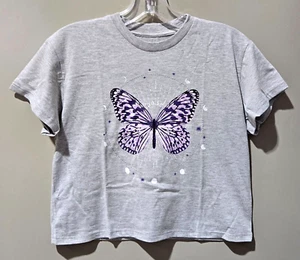 Art Class Girls' Medium 7/8 Heather Gray SS Purple Butterfly Theme At Waist Tee - Picture 1 of 6