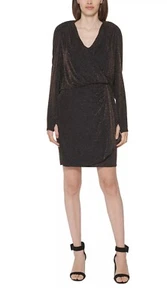 CALVIN KLEIN Glitter Knit Gathered Waist Dress Black & Gold Size 4 - Picture 1 of 2