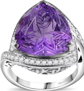 Carving Cut Amethyst & White Zircon 9.65 ctw Ring Platinum Over Sterling Silver - Picture 1 of 5