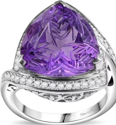 Carving Cut Amethyst & White Zircon 9.65 ctw Ring Platinum Over Sterling Silver - Image 1 of 4