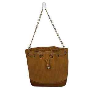 Henri Bendel Tan & Gold Leather Bucket Bag With Gold Chain Purse Travel Office