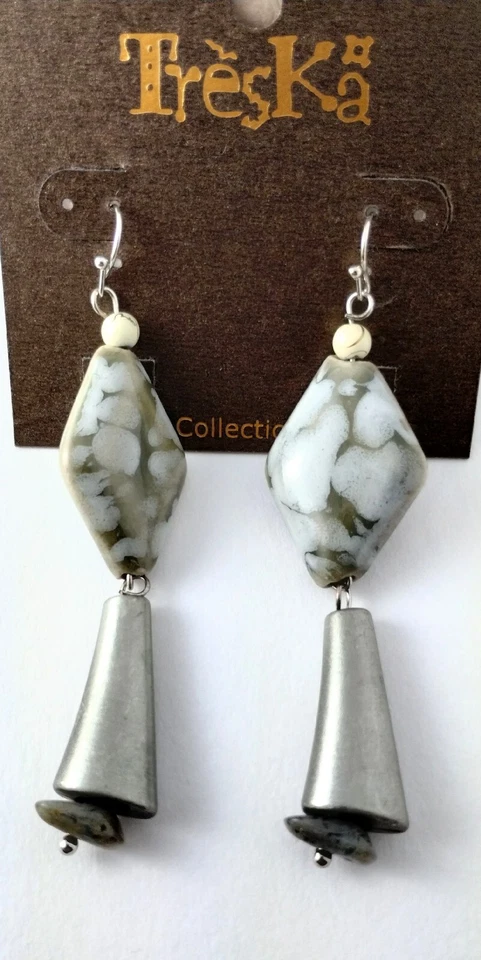 Treska Hook Dangle Earrings Silver Grey white Beads - Image 1 of 1