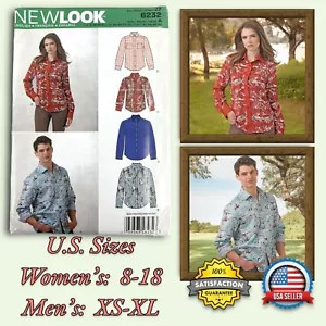New Look 6232 Sewing Pattern Long Sleeve Button Shirts WOMENS 8-18 / MENS XS-XL - Picture 1 of 11