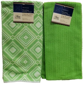 Set of 2 Different Microfiber Kitchen Towels (15"x25") GREEN COLOR DESIGNS, GR - Picture 1 of 17