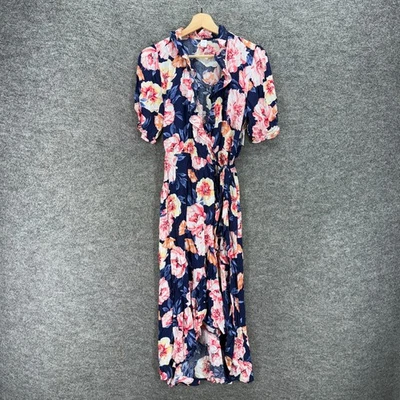 New Old Navy Wrap Dress Women S Small Blue Floral Long Tasseled Belted Rayon - Image 1 of 4