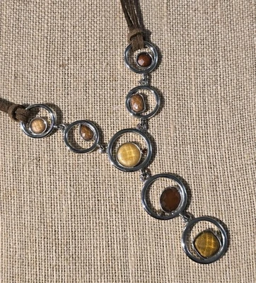 Lia Sophia ALEX Statement Y Necklace Y2K Silver Browns Circles Suede - Image 1 of 4