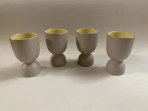Vintage Homer Laughlin Stoneware Egg Cups Set of 4 Pottery Yellow + Blue Glaze - Picture 1 of 9