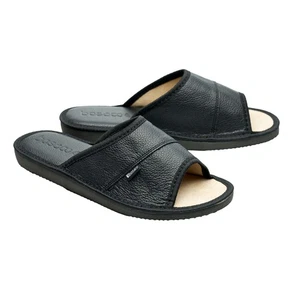 Women's black leather slippers with open toes. Bosaco - Picture 1 of 8