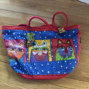 HTF Abstract VTG Laurel Burch Large Canvas Tote Beach Bag Cats Cat Felines NWT - Picture 1 of 8