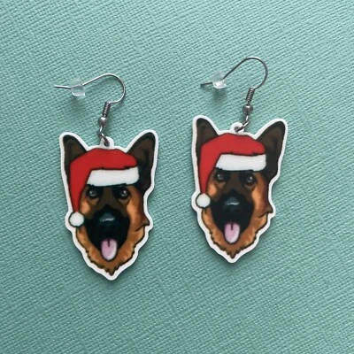Christmas Santa Dog Resin Dangle Earrings, German Shepherd, Surgical Steel Hooks - image 1 of 4
