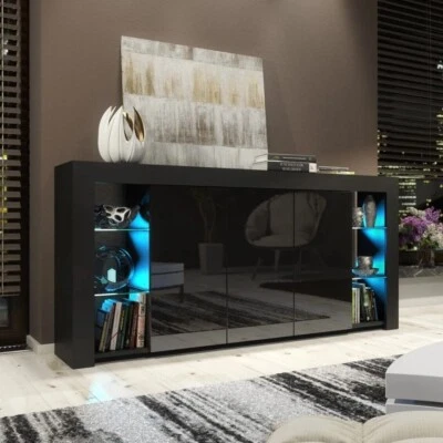 164cm Cabinet Cupboard I Sideboard TV Unit I High Gloss Black Doors I Free LED - Image 1 of 4