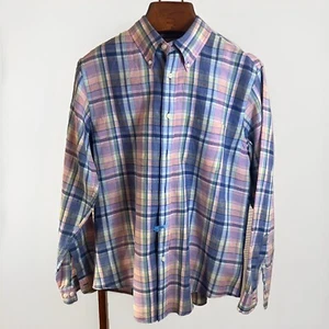 Brooks Brothers Shirt Men L Irish Linen Blue Plaid Long Sleeve Regent EUC $148 - Picture 1 of 10