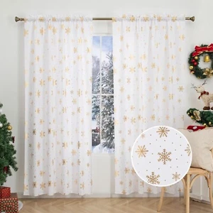 Christmas Curtains for Living Room, Luxury Snowflake Gold Foil Print Curtains... - Picture 1 of 8