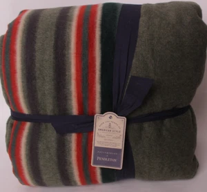 Pottery Barn x Pendleton Yakima Stripe throw 60 x 80 green multi, faux fur back - Picture 1 of 3