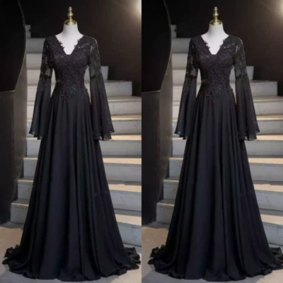 Gothic Wedding Dresses Long Sleeves Black Lace Appliques A Line Bridal Gowns - Image 1 of 4