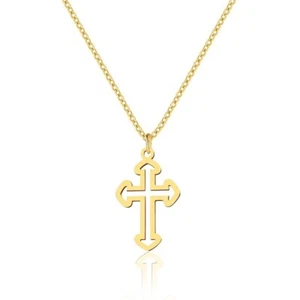 Solid 14K Gold Hollow Cross Christian Necklace Women Men Crucifix Pendant Gift - Picture 1 of 7