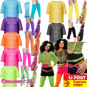 80s Costume Neon Punk Rocker Fishnet Vest Necklace Bracelet Legwarmers Gloves - Picture 1 of 27