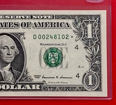 1999 STAR NOTE $1 DOLLAR BILL ( CLEVELAND D ) SCARCE - UNCIRCULATED - Image 1 of 3