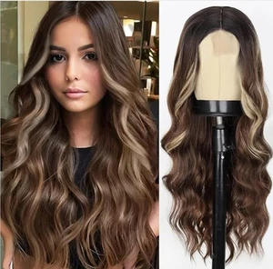 HD Lace Front Wig Dark Brown Balayage Long Layers Human Hair Blend Ombre Waves - Picture 1 of 6