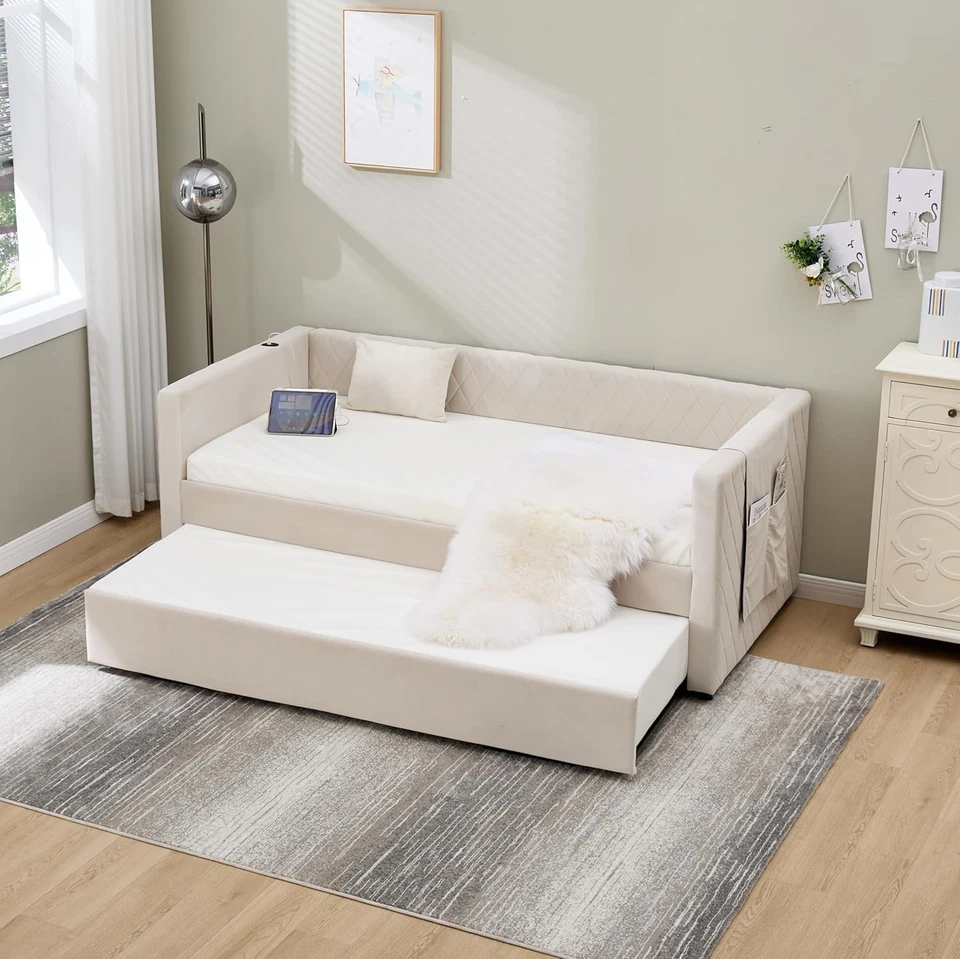 83" Upholstered Twin Size Daybed with Pop Up Trundle to King Day Bed w/USB Port - Image 1 of 4