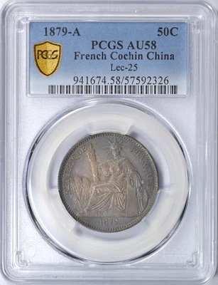 1879-A FRENCH COCHIN CHINA 50 CENT PCGS AU58 SCARCE ORIGINAL COIN - Image 1 of 4