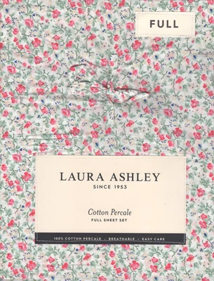Laura Ashley Full Sheet Set Emogene Red Floral 4pc Cottage Farmhouse Light Teal - Image 1 of 4