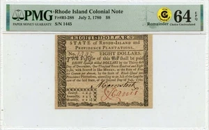1780 July 2, $8 Rhode Island Colonial Note FR#RI-288 PMG CU64 EPQ GCC Gold - Picture 1 of 2