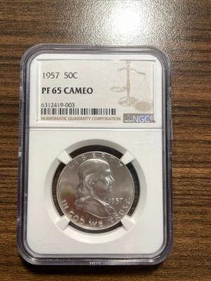 1957-P Franklin prata meio dólar 50C NGC PROOF 65 PR 65 PF 65 CAMEO - Imagem 1 de 4