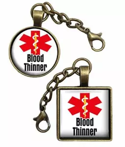 Medical Alert Blood Thinner Glass Top Purse Charm Zipper Pull Handmade Jewelry - Picture 1 of 5
