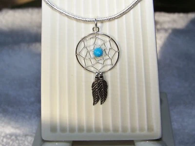 Sterling Silver  2 feather Dream Catcher & Turquoise necklace, 16-30 inch. - Image 1 of 3