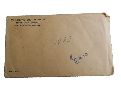 1963 US Mint Proof Set 5 Coins 90% Silver Original Envelope SEALED IN CELLOPHANE - Image 1 of 4