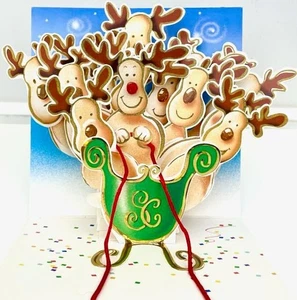 3D Pop-Up REINDEER SLEIGH PopShots / Up with Paper CHRISTMAS CARD - Picture 1 of 5