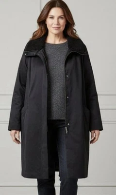 NUEVO CON ETIQUETAS EILEEN FISHER Abrigo Negro 3x Algodón Nylon Sherpa Vellón Cuello Cálido Invierno  Foto 1 de 4