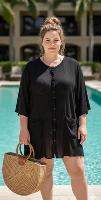 Bata transparente de gasa negra Woman Within botón frontal ligera para mujer talla 1X Foto 1 de 4